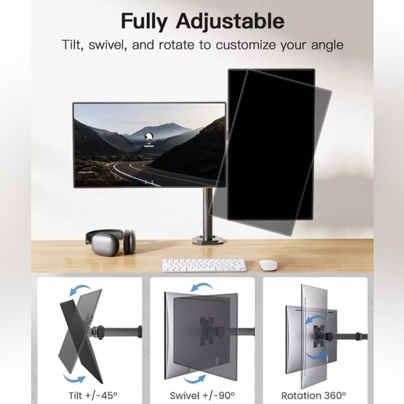 HUANUO Dual Monitor Desk Mount, Heavy-Duty Steel Adjustable Arm for Up To 30” - Picture 4 of 6